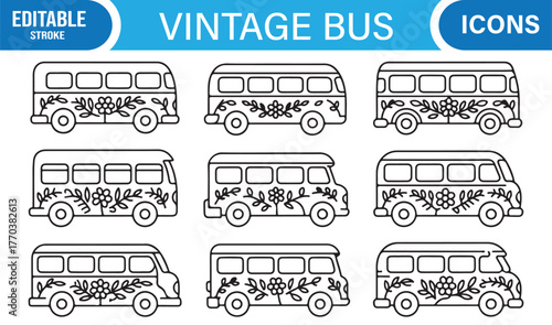 Set of vintage floral minibus icons in outline style