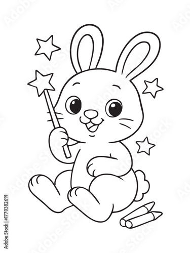 Rabbit Magic with a Wand: A charming, whimsical rabbit holds a magic wand surrounded by sparkling stars, ready to conjure wonder and imagination. 