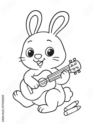 Bunny's Melodic Serenade: A cheerful bunny, engrossed in strumming a guitar, fills the scene with musical charm. Its adorable presence and focused strumming promise a whimsical melody.