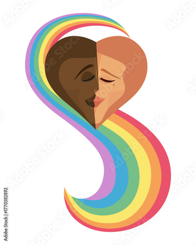 Lgbt Gay Lesbian Kissing With Flowing Rainbow.