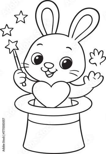 Magical Rabbit Illusion: A whimsical illustration of a charming rabbit, emerging from a magician's hat while brandishing a wand that radiates magic.