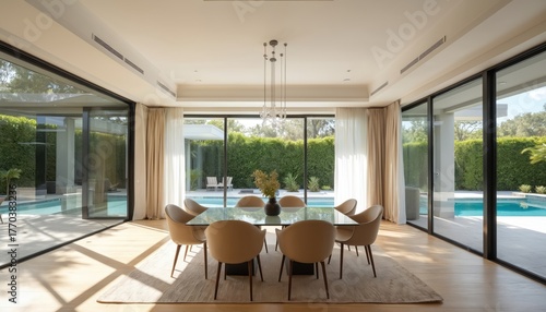 Modern open-plan dining area with glass table, beige chairs. Luxurious home interior with large windows, pool view. Elegant decor, minimalist style, contemporary architecture, light wood floor, white