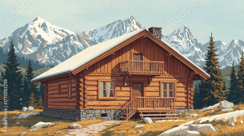 Rustic Cabin in Snowy Mountains, Hand-Drawn Vector Art.
