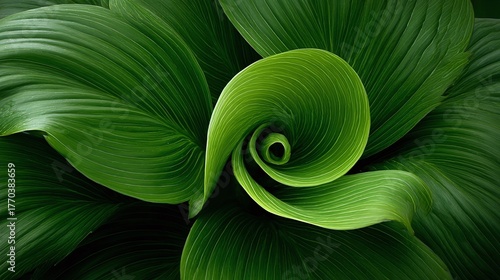 A captivating close-up of lush green leaves spiraling inward, creating a mesmerizing natural vortex. The intricate details and vibrant color evoke a sense of tranquility and growth.