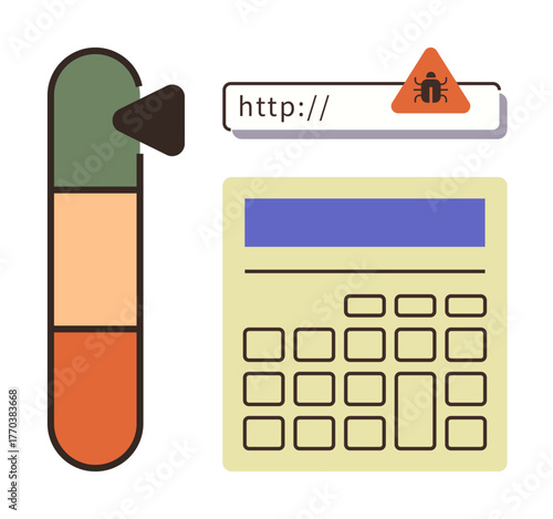 Threat level slider, URL warning sign with malware bug icon, and calculation interface. Ideal for cybersecurity, risk management, online safety, data protection, software, web security simple flat