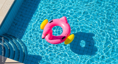 Pool floatie in a clear blue pool. High angle geometric composition bright midday sun.