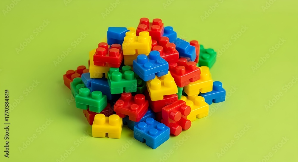 Fototapeta premium Overhead close-up of a vibrant pile of assorted plastic building blocks (like plastic building bricks) in primary colors (red, blue, yellow, green) on a green background.