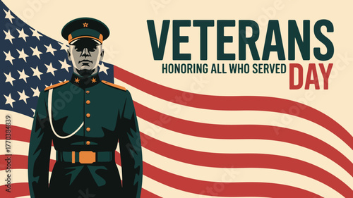 Veterans Day with Soldier and American Flag Honoring All Who Served