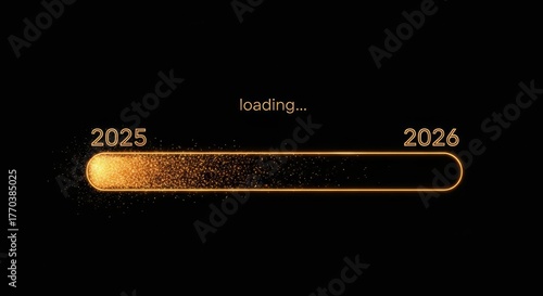 2026 loading, gold glitter progress bar on black background, new year panoramic holiday web banner or greeting card