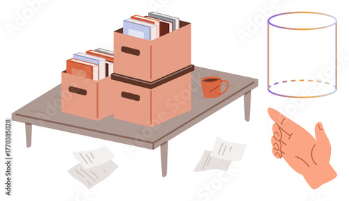 Stacked file boxes with books, scattered papers, coffee mug, hand gesture, and cylinder outline. Ideal for organization, clutter, workflow, decision-making productivity communication office