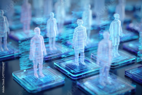 A diverse group of people standing on top of a blue and white grid, engaging in a digital conference with holographic technology.