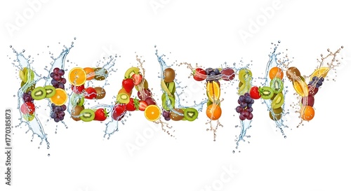 Vibrant 'HEALTHY' Word Crafted from Fresh Fruits and Dynamic Water Splashes, Symbolizing Wellness, Refreshment, and a Nutritious Lifestyle