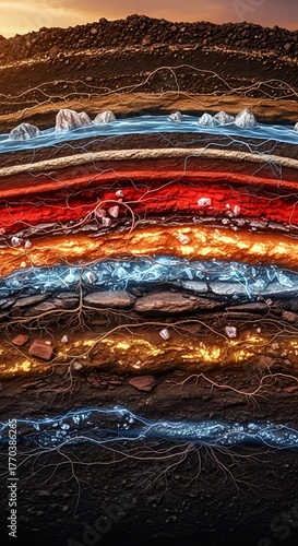 Wallpaper Mural Detailed geological cross-section illustrating multicolored soil layers and rock strata with veins of glowing, electrically charged water and hot magma-like areas. Torontodigital.ca