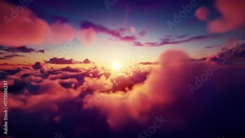 Flying through vibrant clouds at sunset, an ethereal sky background