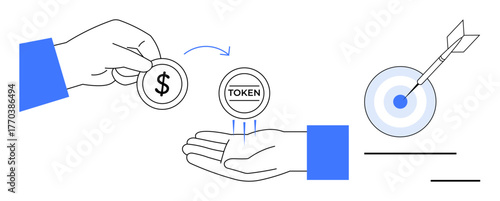 Two hands exchange currency and token, with a dartboard representing goal achievement, investment, and strategy. Ideal for finance, crypto, blockchain, economic concepts, business transactions