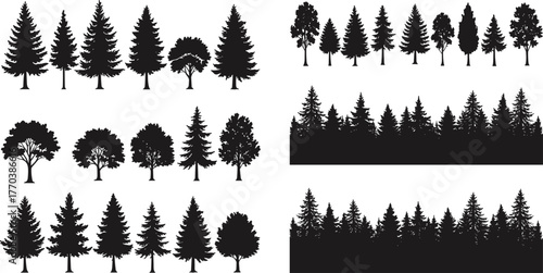 Tree silhouette grid, coniferous and deciduous forms, forest composition styles, black vector design, landscape planning, nature diversity, white background