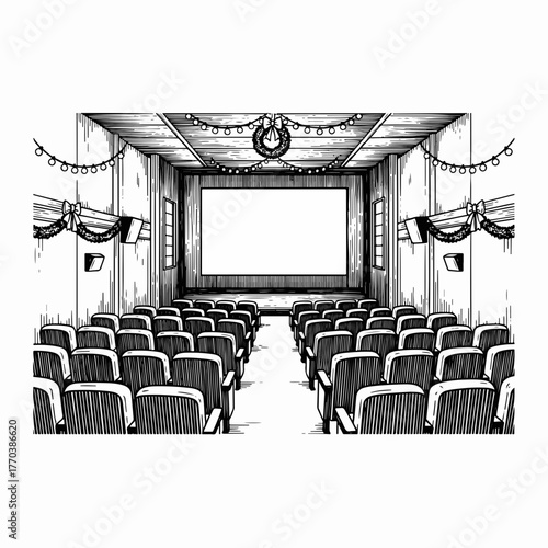 Empty cinema with holiday decor line art. Hand-drawn sketch of a movie theater interior with a blank screen. Vintage entertainment and Christmas event concept