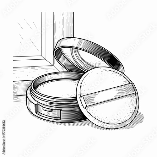 Vintage line art illustration of a face powder compact. Hand-drawn makeup graphic in a classic engraving style. Black and white cosmetic product vector