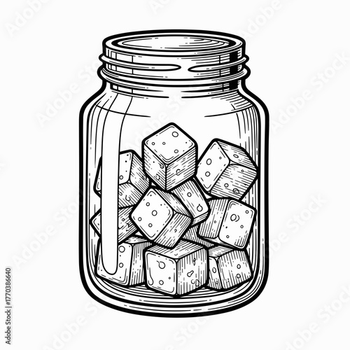 Feta cheese cubes in a glass jar. Hand-drawn vintage sketch illustration. Monochrome line art for food packaging and menu design
