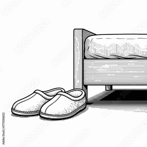 Felted slippers by a bed in a vintage engraving style. Black and white hand-drawn line art. Home comfort and relaxation concept
