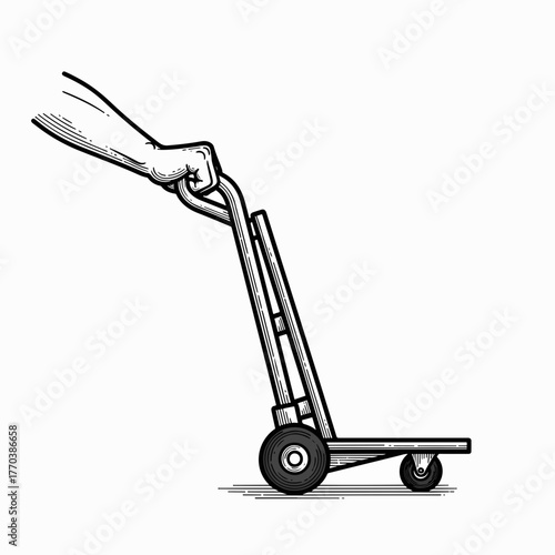 Hand pushing a furniture dolly or hand truck. Vintage woodcut style line art. Moving and logistics concept graphic isolated on white background