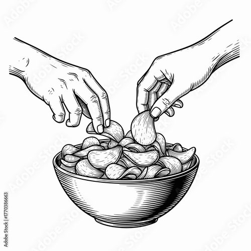 Hands grabbing potato chips from a bowl. A vintage, hand-drawn engraving style line art drawing. Shared snack food graphic isolated on a white background