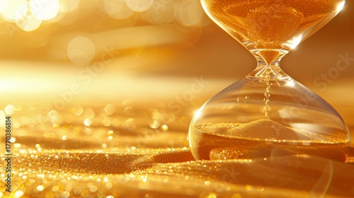 Golden hourglass with flowing sand surrounded by sparkling bokeh lights for a magical atmosphere