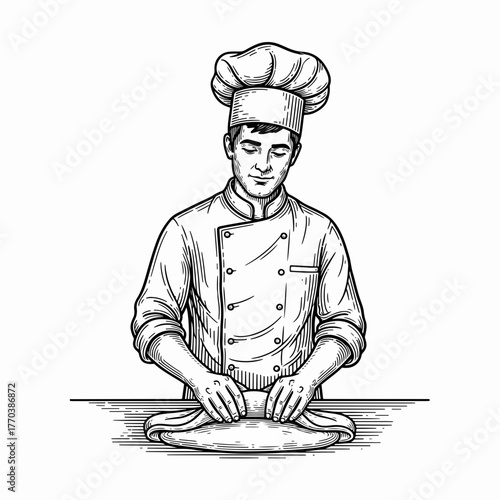 A professional chef kneading dough in a vintage engraving style. Hand-drawn line art sketch for a bakery or restaurant logo. Culinary food preparation concept