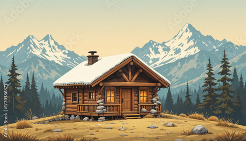 Hand-Drawn Cozy Cabin in Mountain Scenery with Warm Tones.