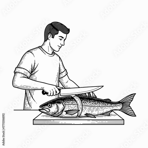 Man slicing a fresh salmon fish with a knife. Vintage black and white line art drawing. Culinary food preparation concept