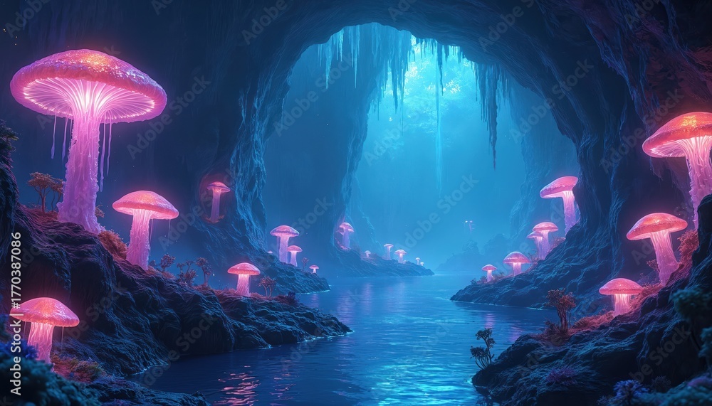 Fototapeta premium Deep dark cave with glowing pink mushrooms along serene blue water. Bioluminescent fungi illuminate mysterious cavern. Fantasy grotto shows unique flora, ethereal beauty of surreal underwater world.