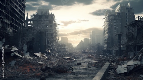 Ruined city street with tall damaged buildings under a cloudy sky