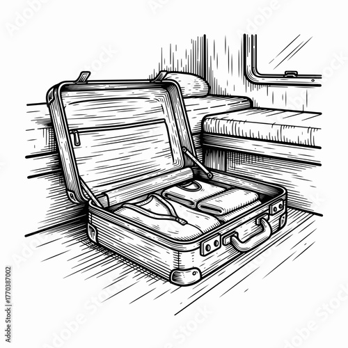 Open suitcase in a train or camper compartment. A vintage, hand-drawn line art drawing of packing for a journey. Monochrome travel and adventure concept