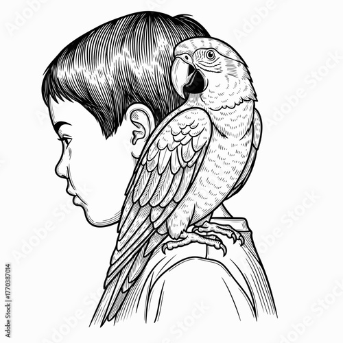 A parrot perched on a child's shoulder. Hand-drawn vintage engraving style drawing. Black and white line art sketch of a boy and his pet bird