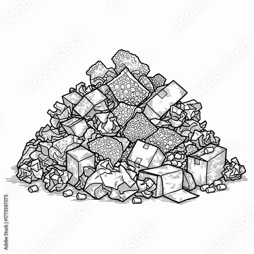 Pile of discarded packing materials and garbage. Hand-drawn line art sketch in a vintage engraving style. Waste and pollution concept