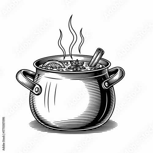 A pot of mulled cider in a vintage engraving style. Black and white line art of a hot winter drink with spices. Hand-drawn cooking icon isolated on white background