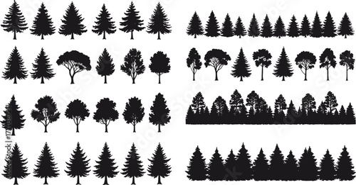 Tree silhouette icon set, forest composition grid, coniferous and deciduous shapes, black vector design, nature diversity, landscape planning, white background