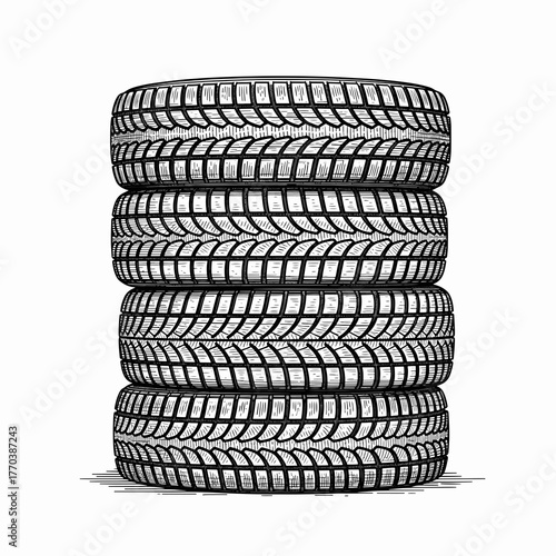 A stack of four car tires in a vintage drawing style. Hand-drawn monochrome line art with detailed tread. Automotive service graphic isolated on a white background