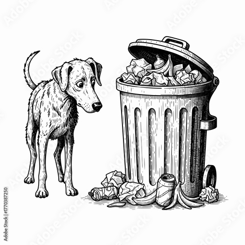 Sad and hungry stray dog near a trash can. Vintage engraving style line art drawing. Isolated graphic element for social issue concepts.