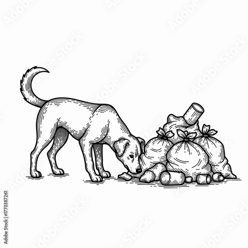 A stray dog sniffing a pile of trash. Hand-drawn engraving style line art. Homeless animal and urban pollution concept