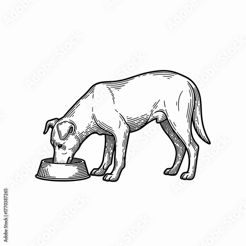 A dog eating from a bowl in a vintage engraving style. Black and white line art graphic for pet food or animal care. Hand-drawn sketch isolated on a white background