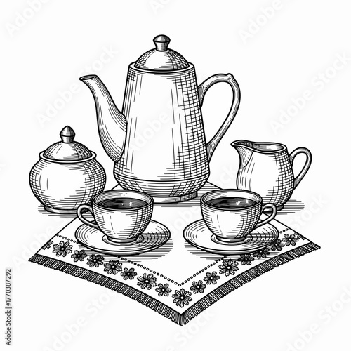 Vintage coffee and tea set drawing. Hand-drawn still life in an engraving line art style. Classic tableware isolated on a white background