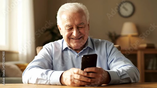 Happy senior man using a smartphone at home table for online communication