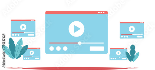 Video player interface illustration, multimedia streaming concept, digital content layout, online education platform, vector design, play button icons, modern UI