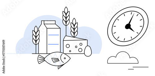 Milk carton, cheese, fish, egg, wheat ears, and cloud beside a clock symbolizing nutrition, time, and balance. Ideal for diet plans meal prep time management sustainability healthy habits