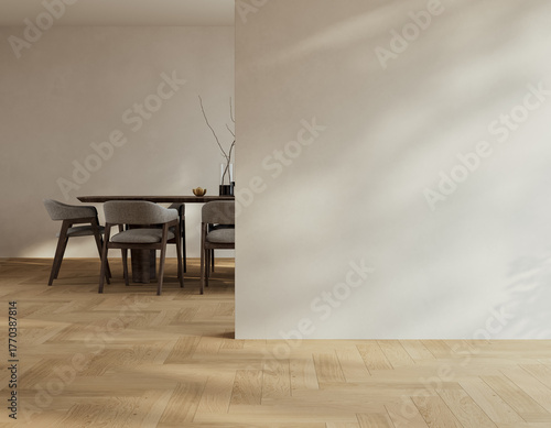 Modern minimalist dining area with wooden table, soft light, and spacious neutral interior design. 3D rendering