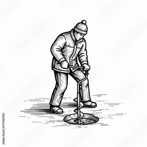 A vintage style drawing of a man ice fishing. Fisherman drilling a hole in a frozen lake with an auger. Black and white line art graphic
