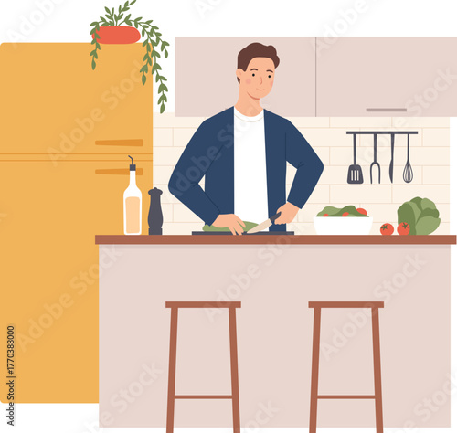 People cooking at home. Men and women preparing food in kitchen interior. Characters bake, fry and boil meal. Cartoon culinary vector set