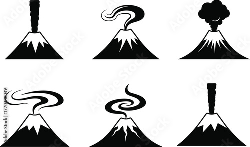 Volcano silhouette illustration set with varied smoke plumes and eruption styles, black-and-white vector design for geology and motion concept