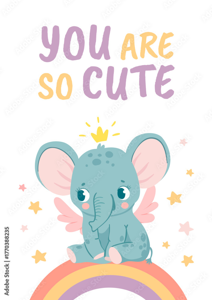 Fototapeta premium Nursery elephant posters. Animal decoration for baby shower and cartoon birthday cards. Elephants and rainbows prints for newborn vector set